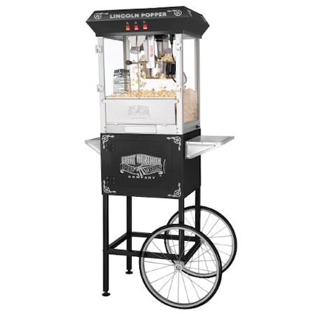 Great Northern Popcorn Lincoln Popcorn Machine with Cart Popper Makes 3 Gallons, 8-Ounce Kettle, Drawer, Tray, Scoop (Black) 511908TEF
